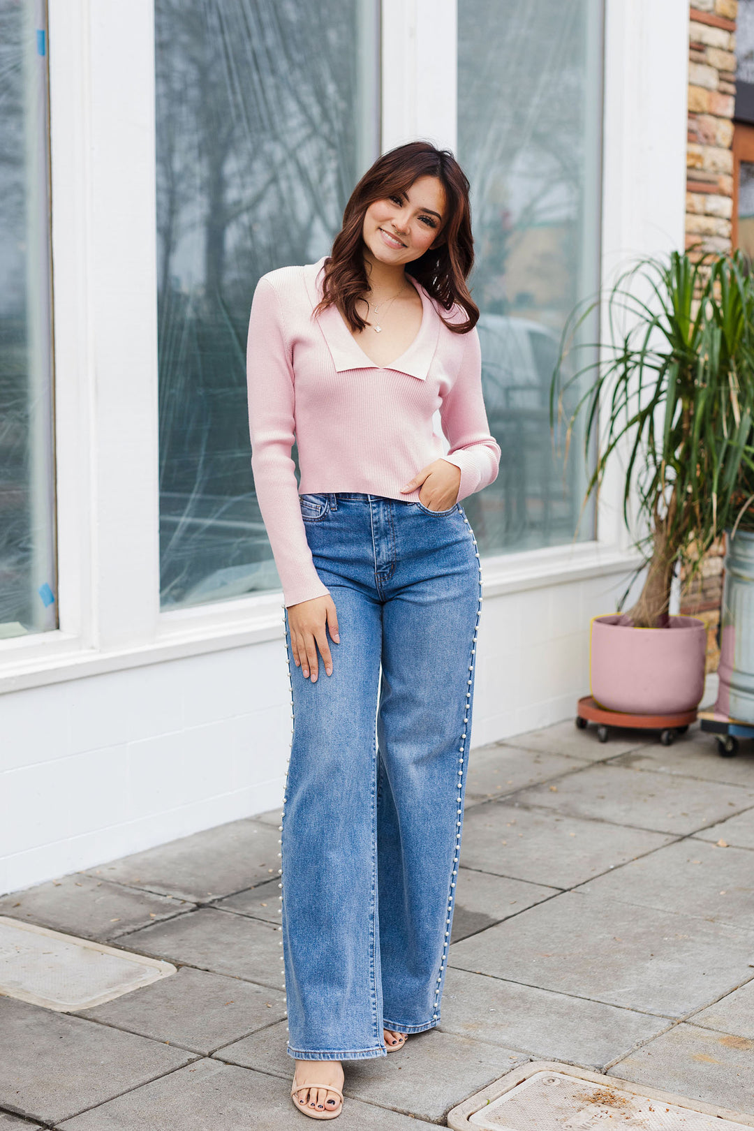 The Don't Call Me Baby Pink Collared Long Sleeve Top