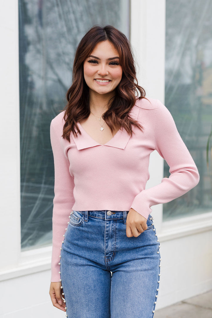 The Don't Call Me Baby Pink Collared Long Sleeve Top