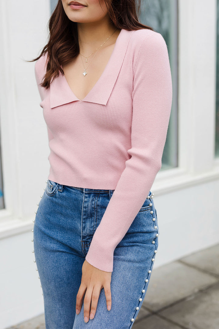 The Don't Call Me Baby Pink Collared Long Sleeve Top