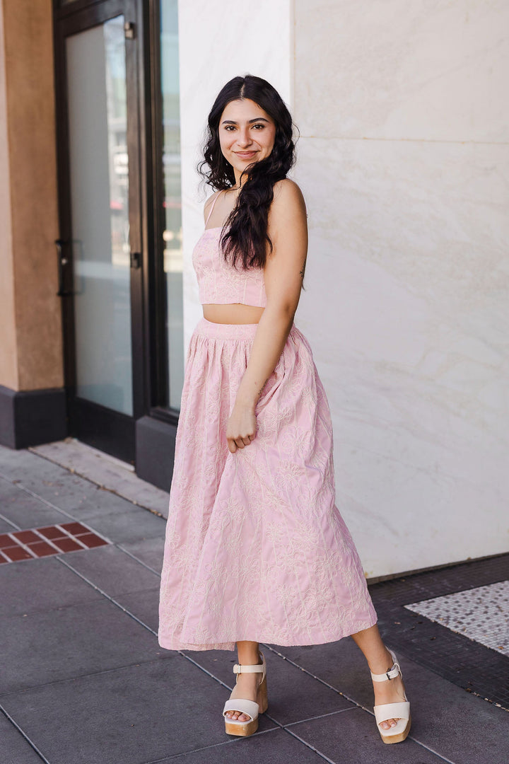 The Quilt Trip Pink Crop Top and Midi Skirt Set