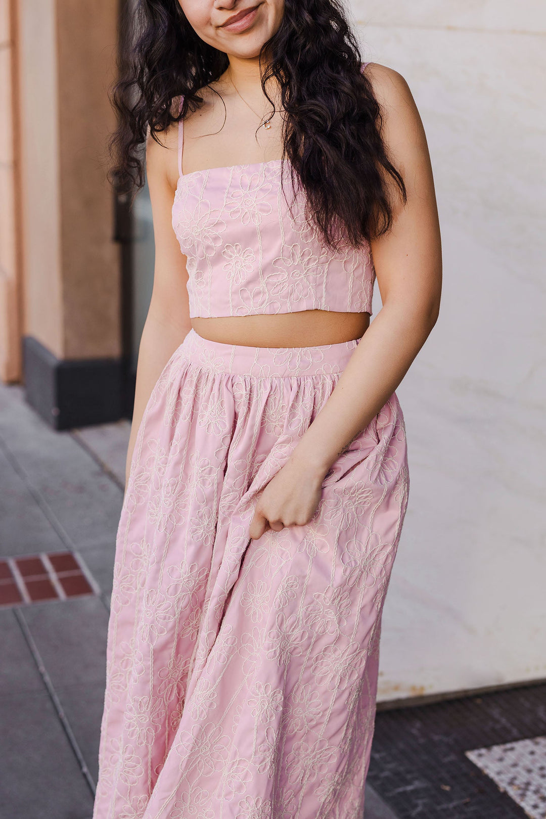 The Quilt Trip Pink Crop Top and Midi Skirt Set