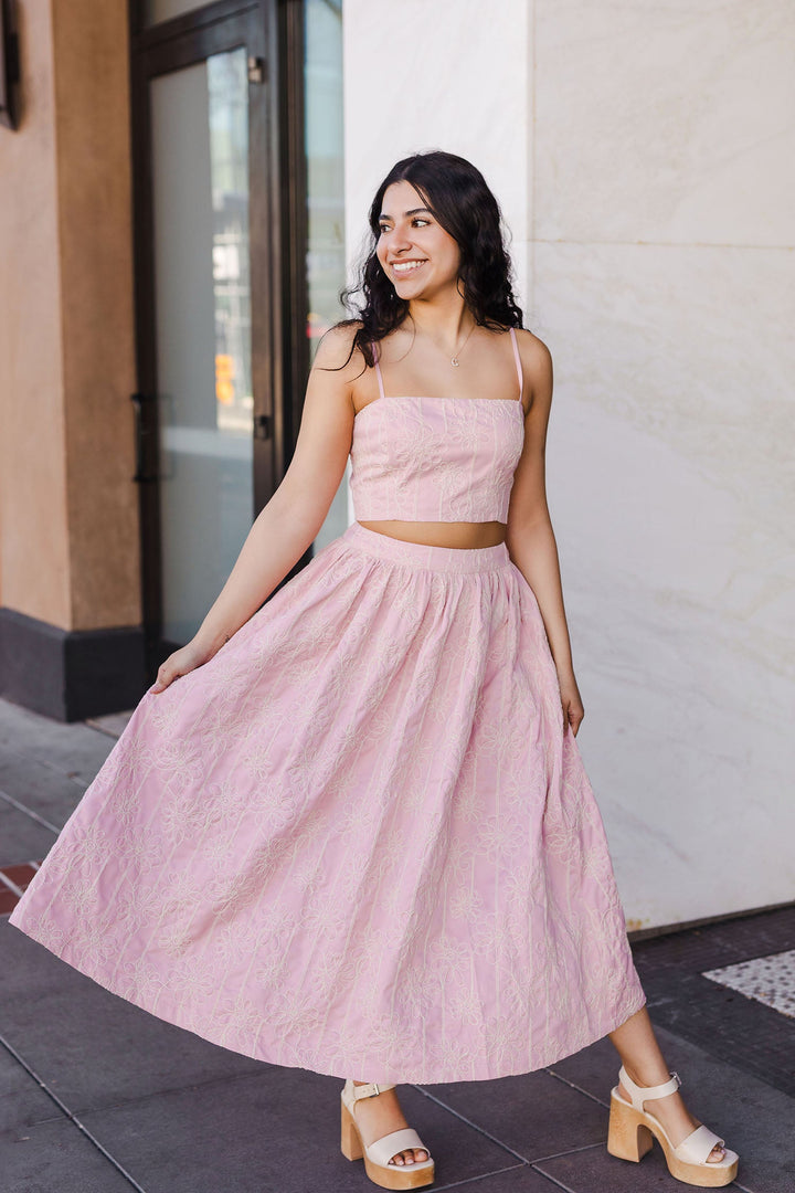 The Quilt Trip Pink Crop Top and Midi Skirt Set