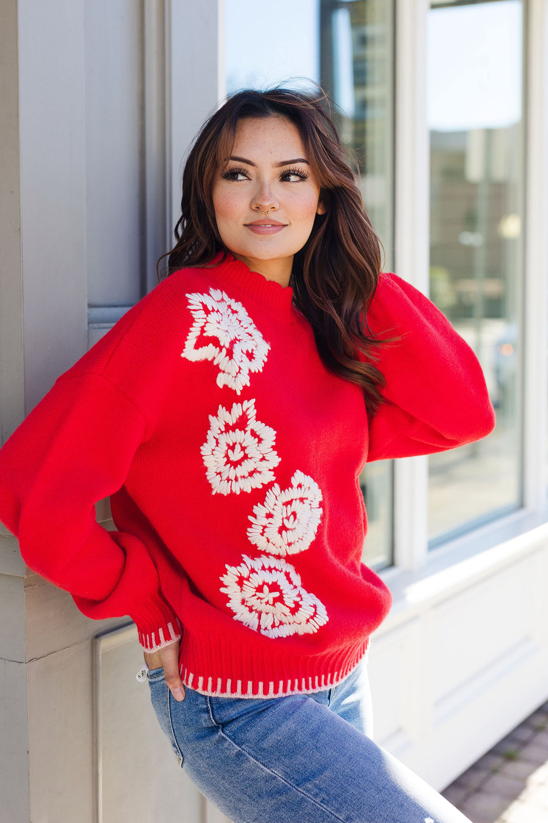 The Spring Is Springing Red Flower Embroidered Sweater