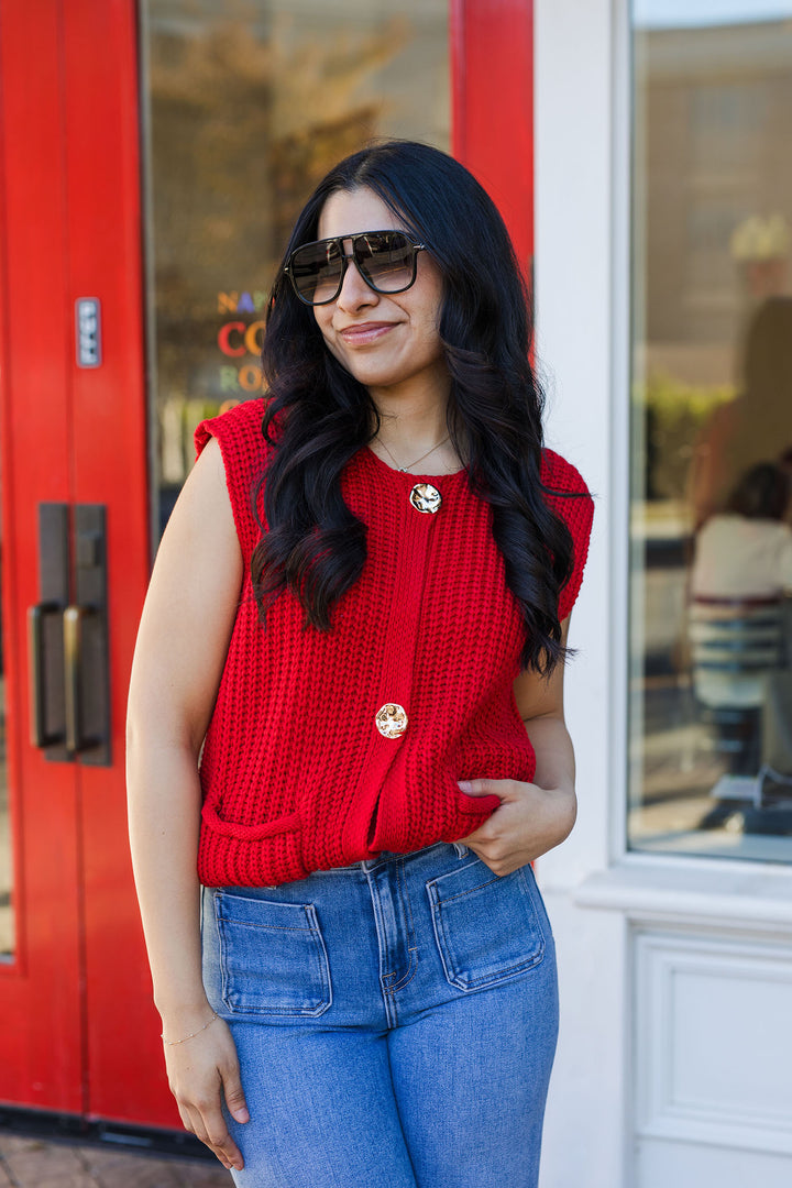 The Feeling Joyful Red Pocket Sweater Vest