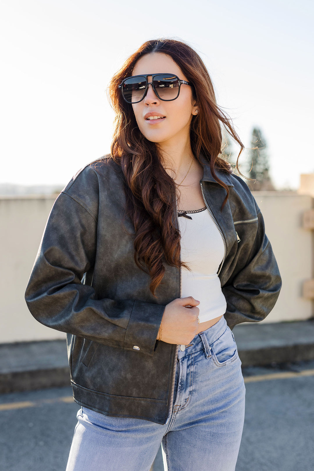 The Baby Is Back Gray Faux Leather Bomber Jacket