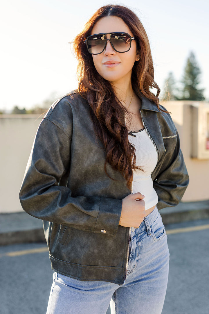 The Baby Is Back Gray Faux Leather Bomber Jacket