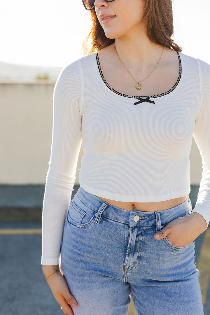 The Ribbons And Bows White Scoop Neck Long Sleeve Top