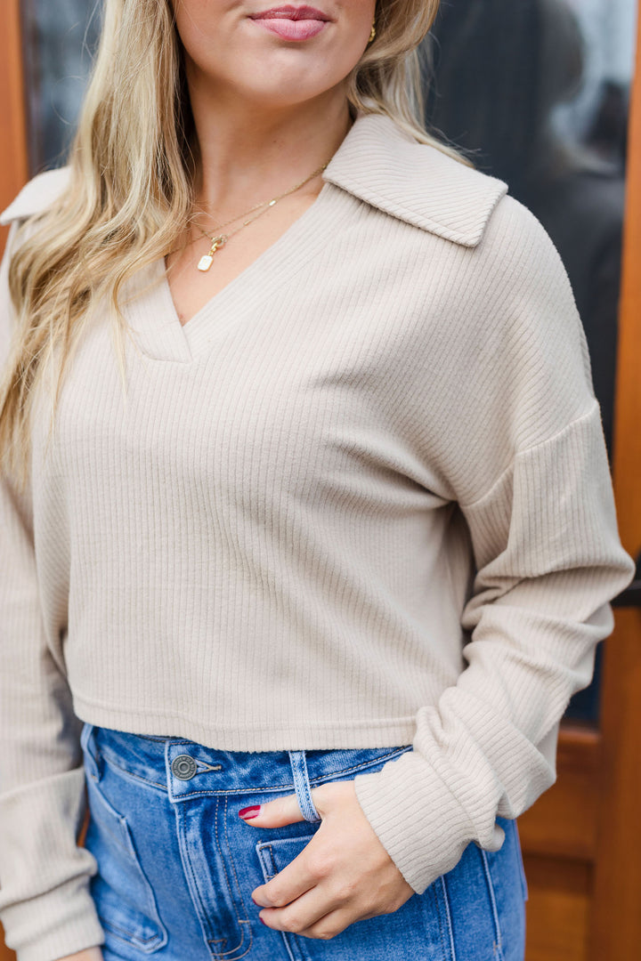 The Soft Brushed Ribbed Top with Johnny Collar