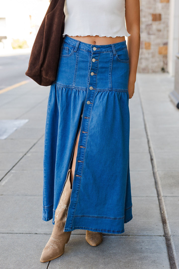 The Denim Days Chambray Button Front Maxi Skirt