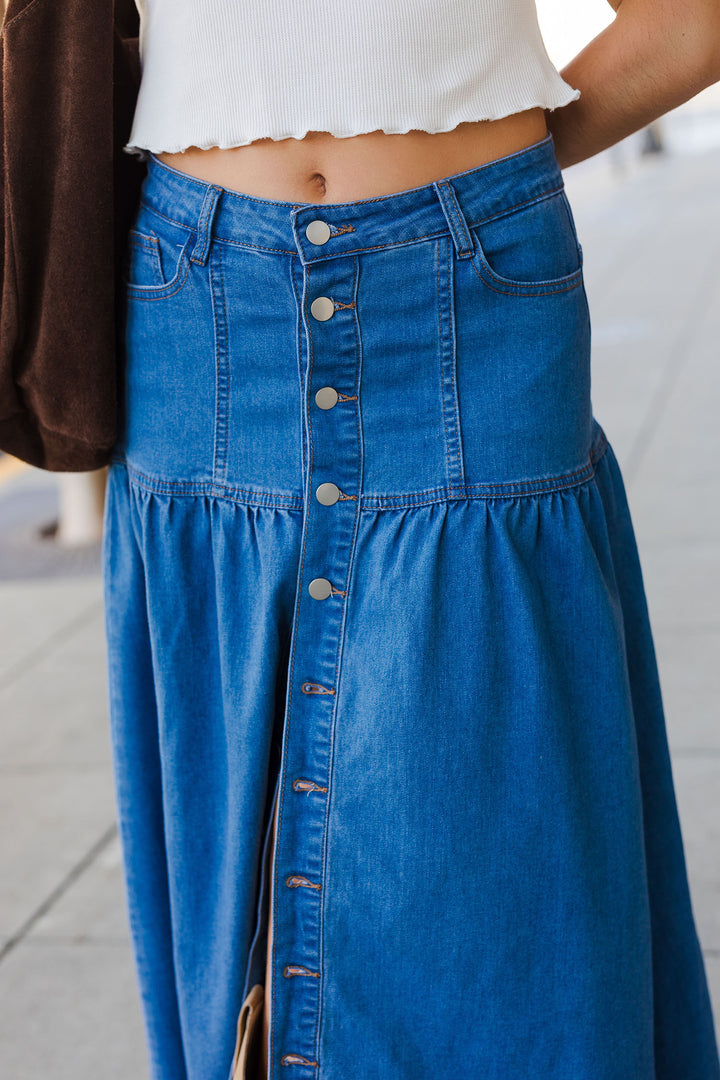 The Denim Days Chambray Button Front Maxi Skirt