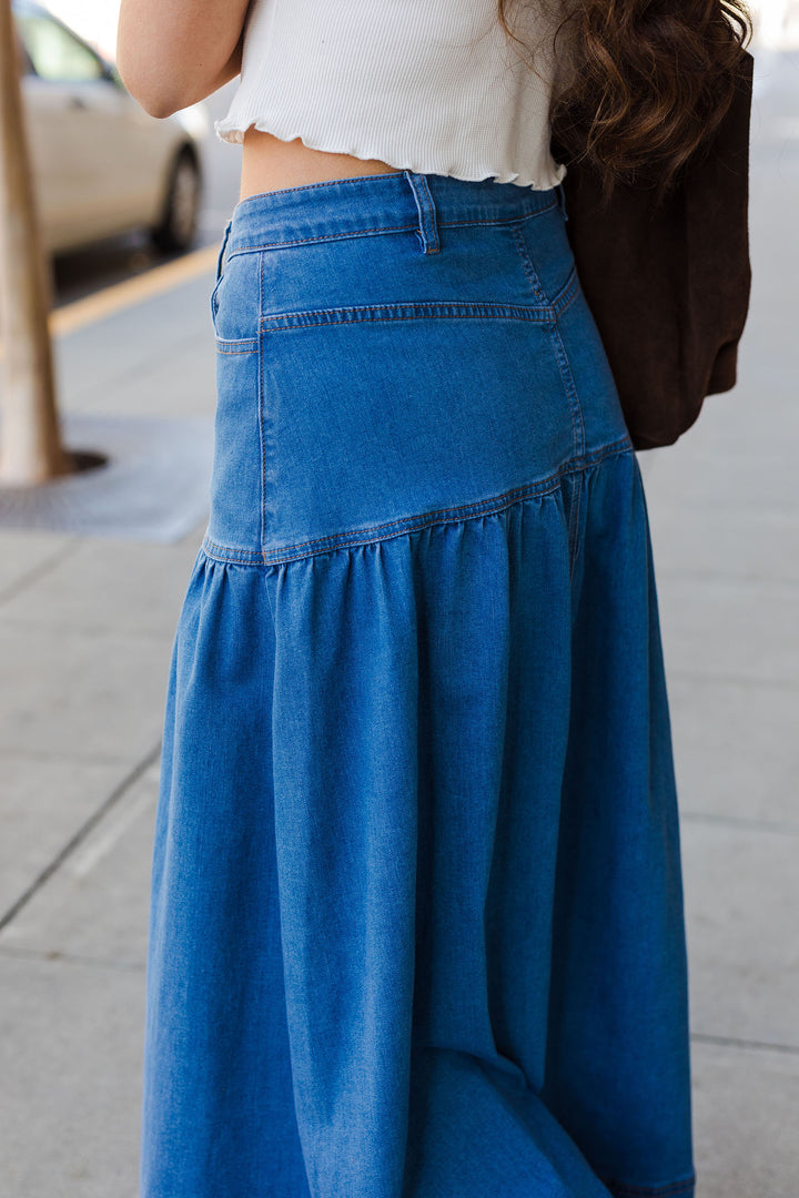 The Denim Days Chambray Button Front Maxi Skirt