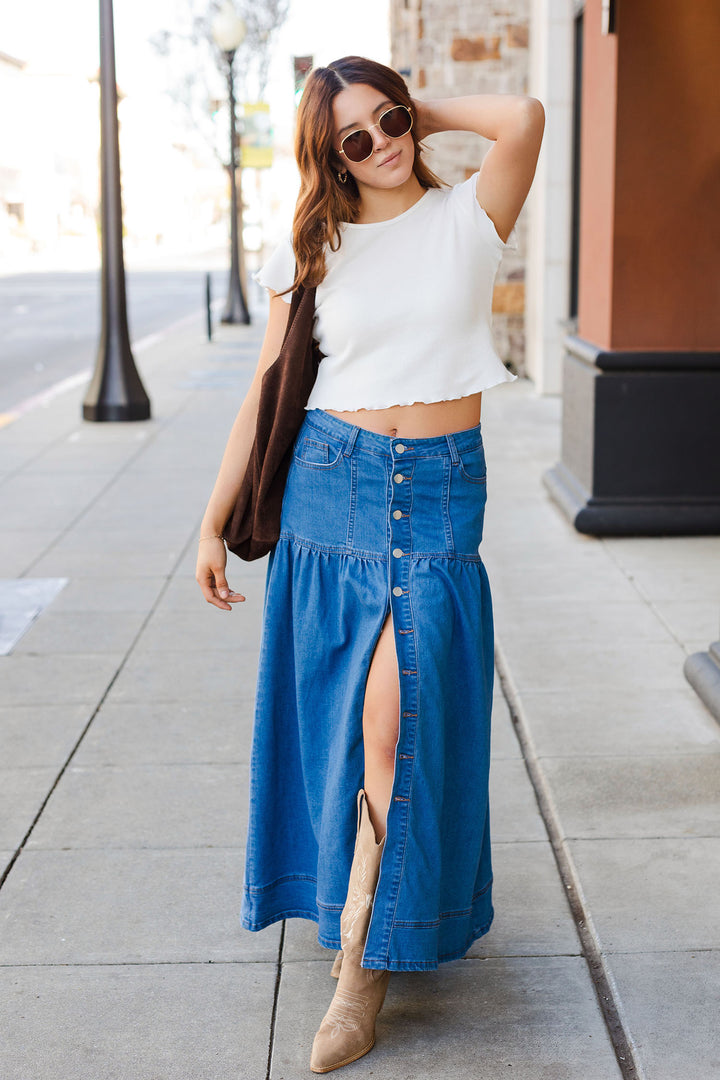 The Denim Days Chambray Button Front Maxi Skirt