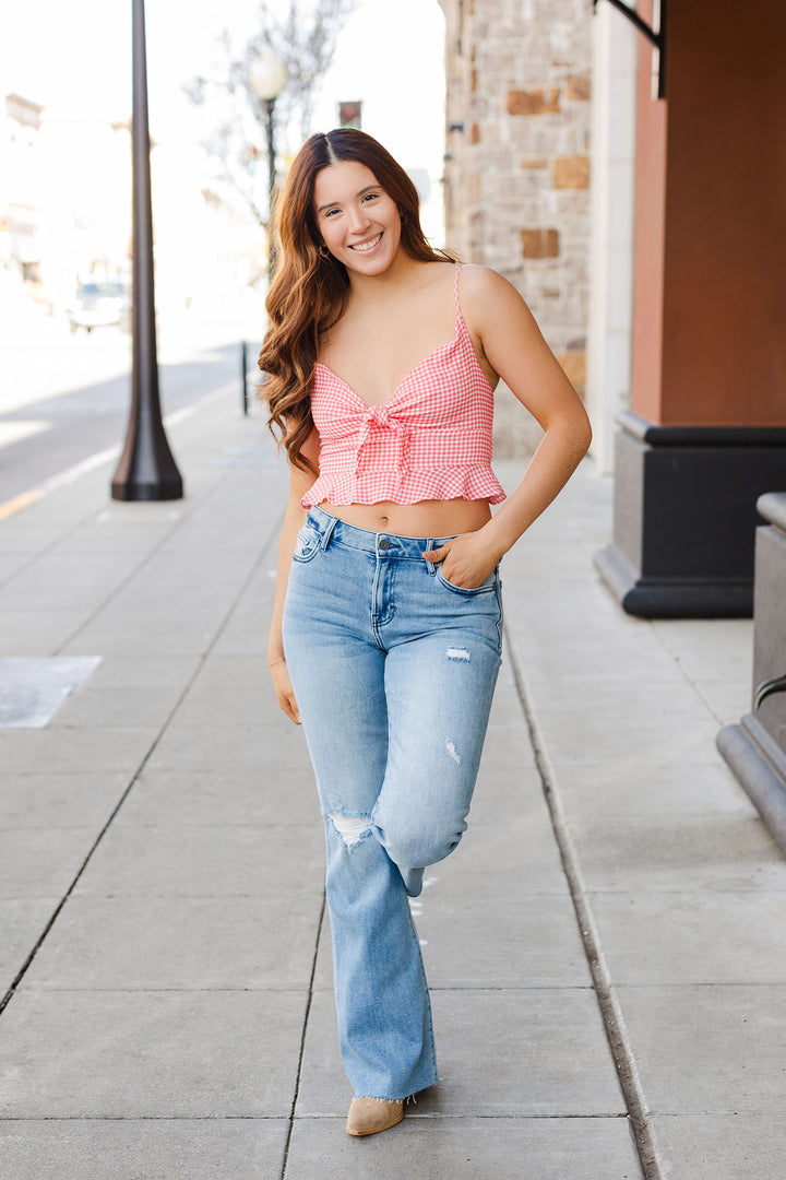 The Gingham Tie Front Ruffled Top