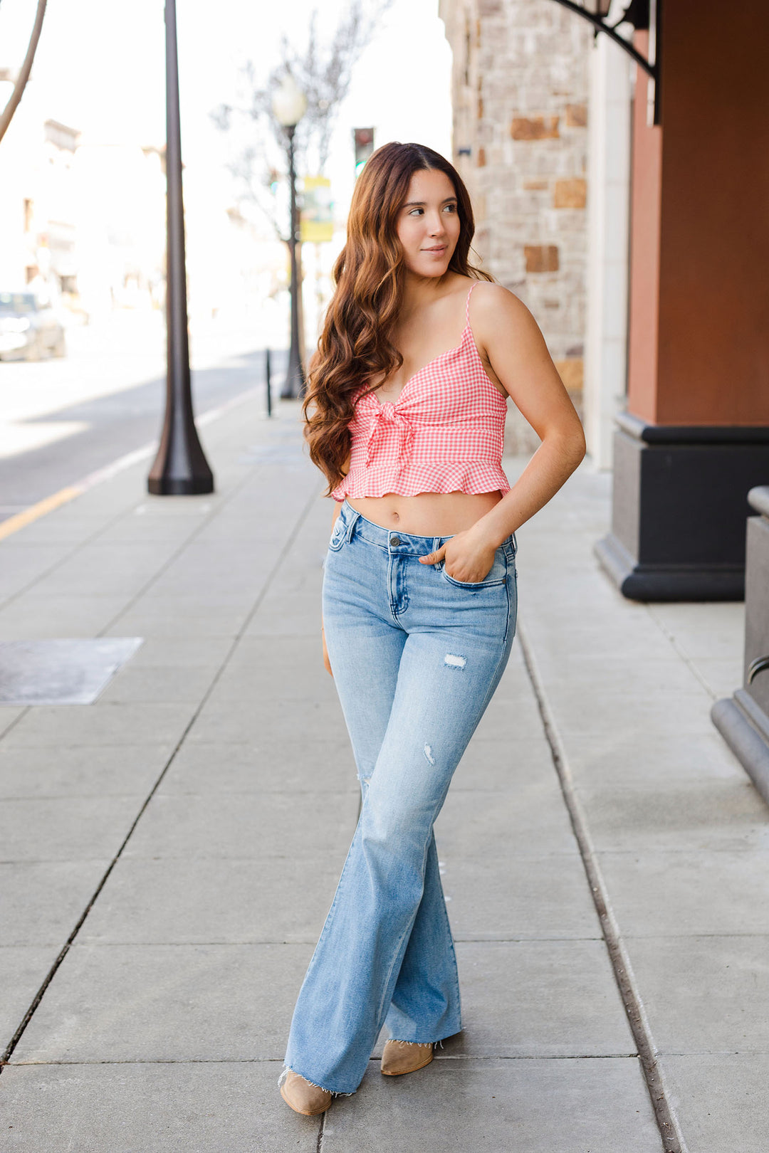 The Gingham Tie Front Ruffled Top