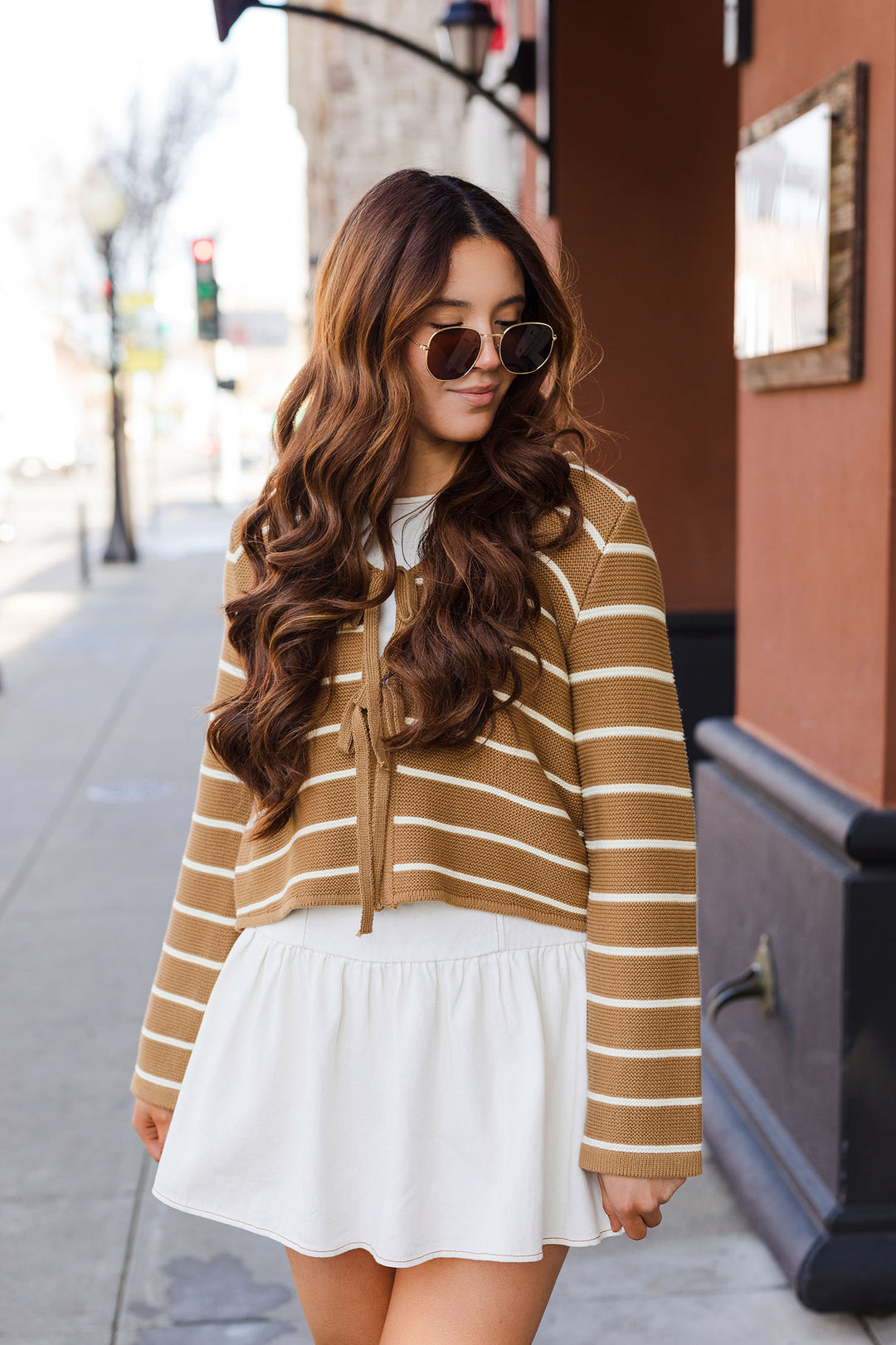 The Leaving Early Mocha Striped Tie Front Sweater