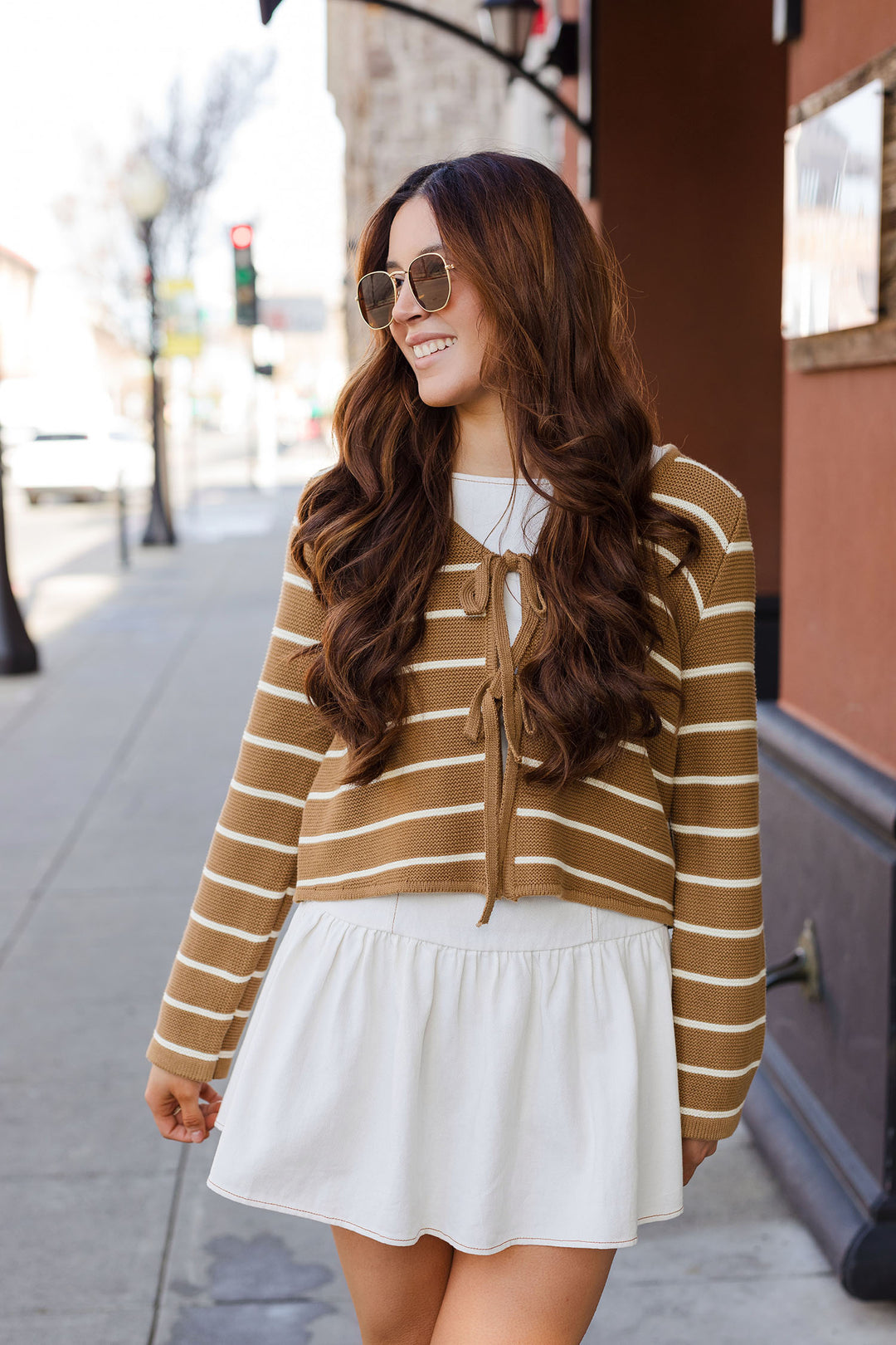 The Leaving Early Mocha Striped Tie Front Sweater