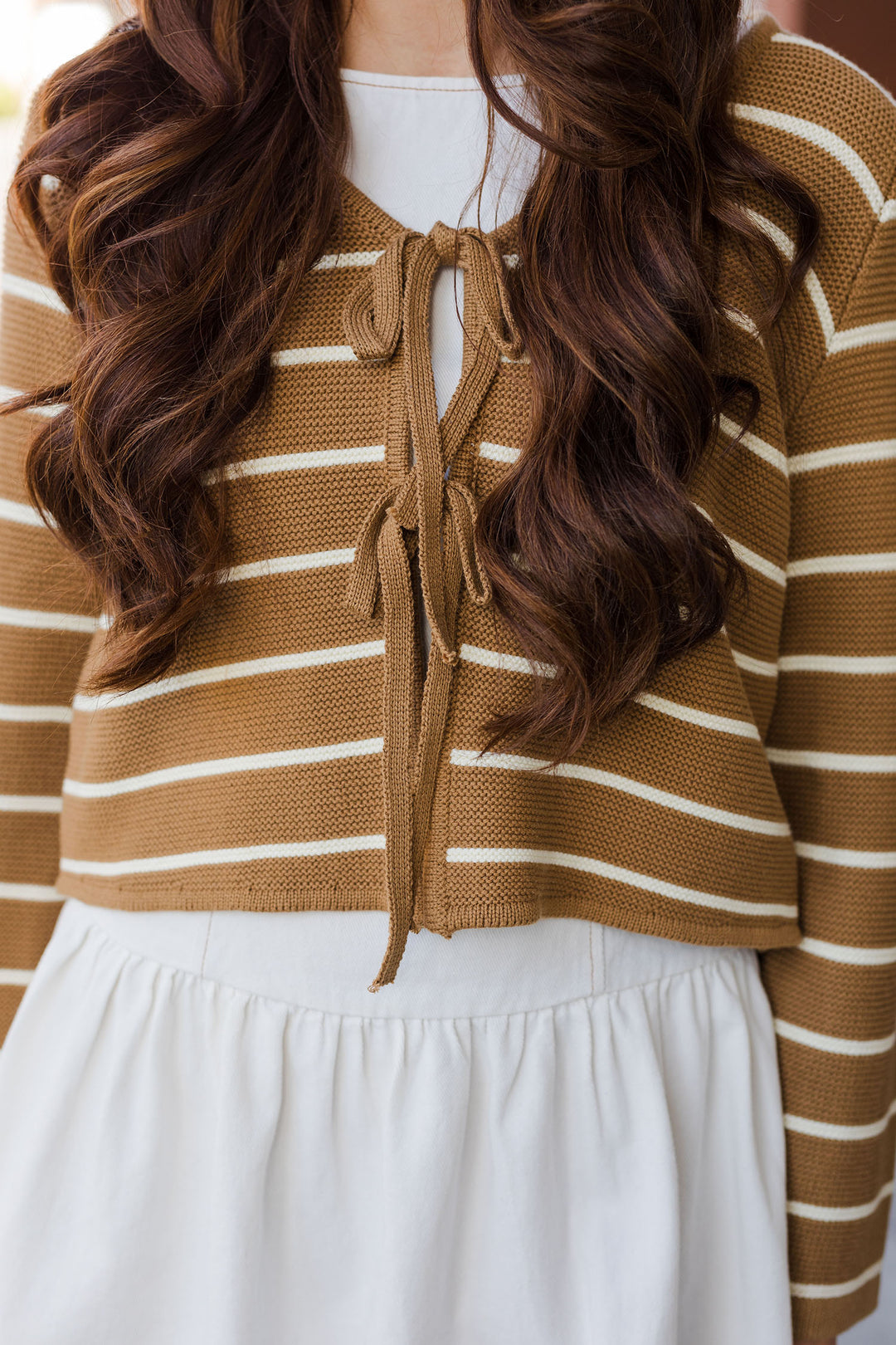 The Leaving Early Mocha Striped Tie Front Sweater