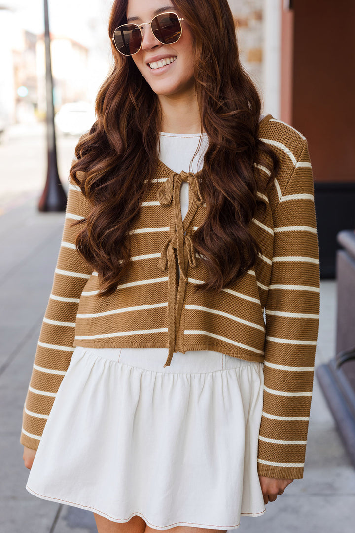 The Leaving Early Mocha Striped Tie Front Sweater