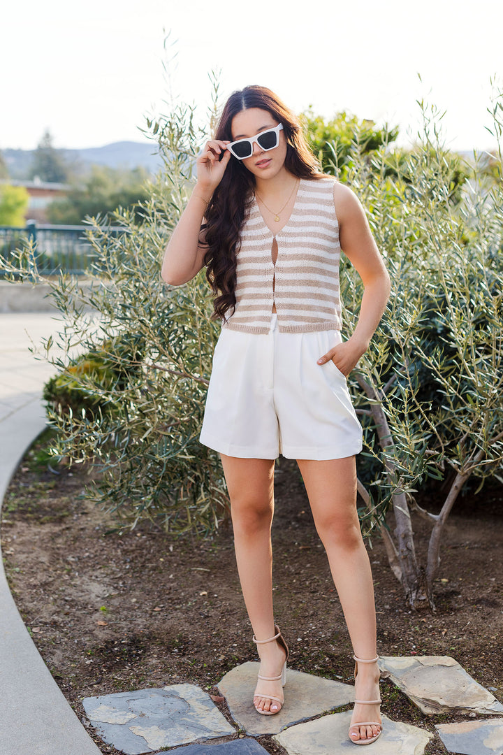 The Casting Your Cares Tan and White Striped Knit Top