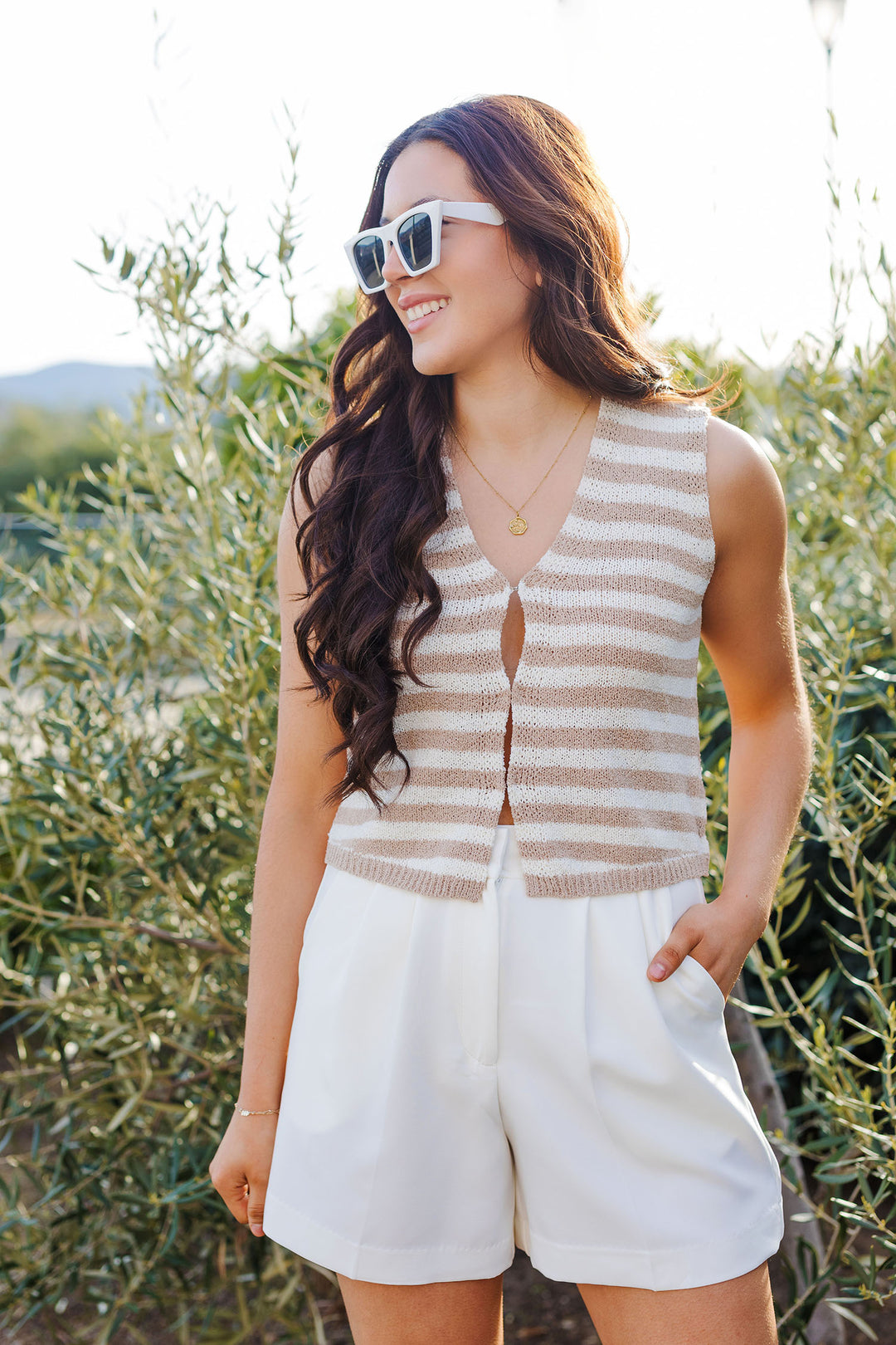 The Casting Your Cares Tan and White Striped Knit Top