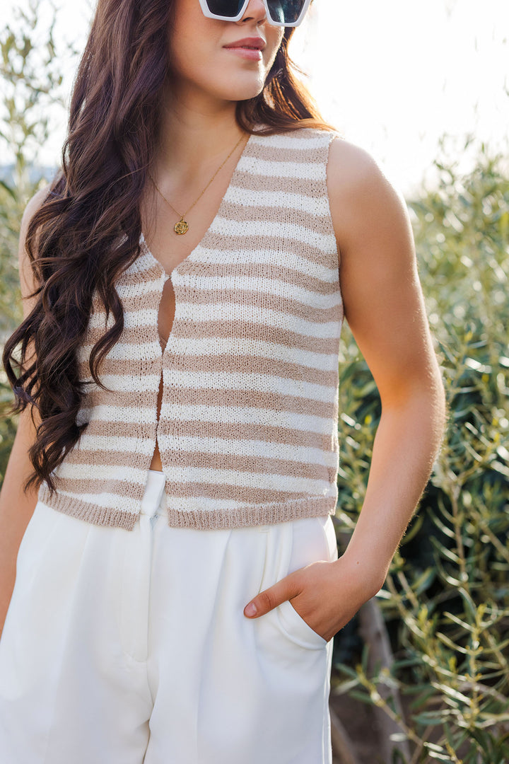 The Casting Your Cares Tan and White Striped Knit Top