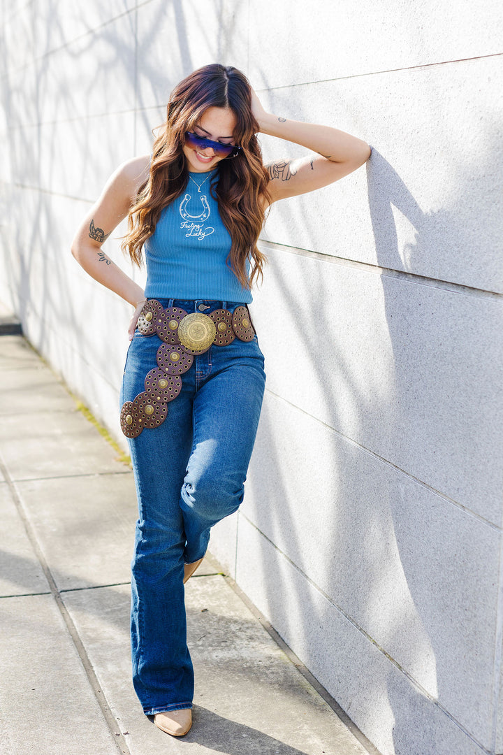 The Feeling Lucky Embroidered Blue Tank Top