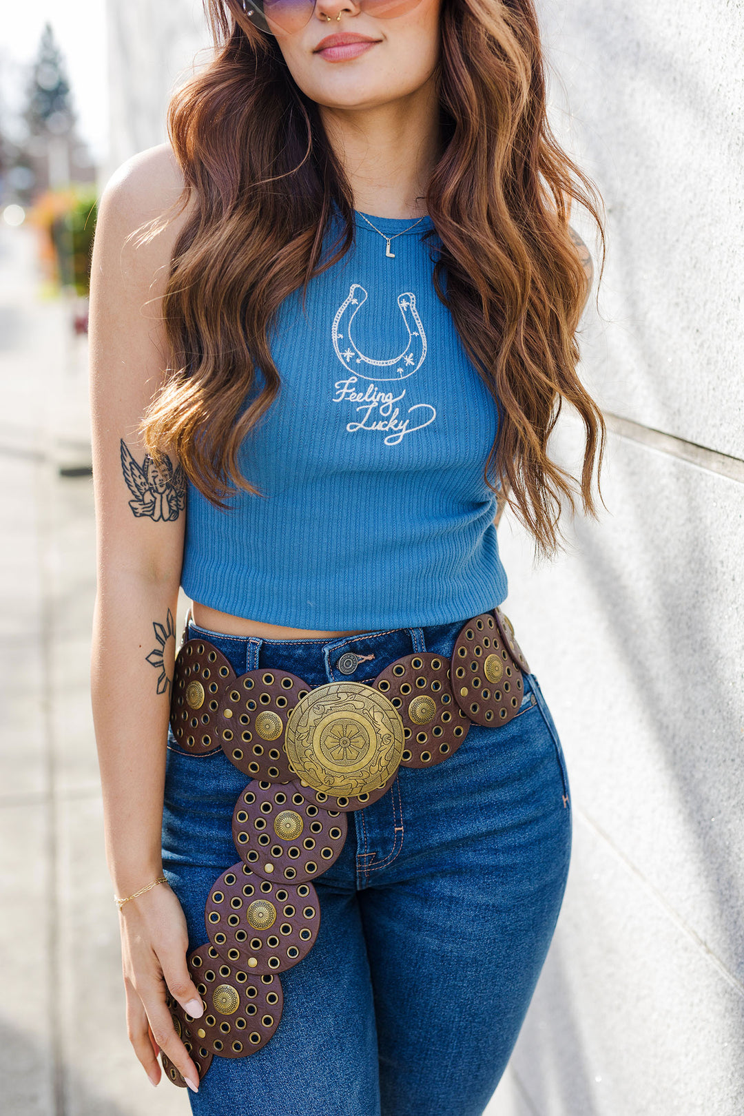 The Feeling Lucky Embroidered Blue Tank Top