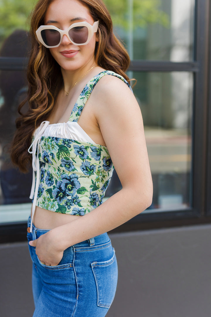 The La La Green Floral Bustier Top