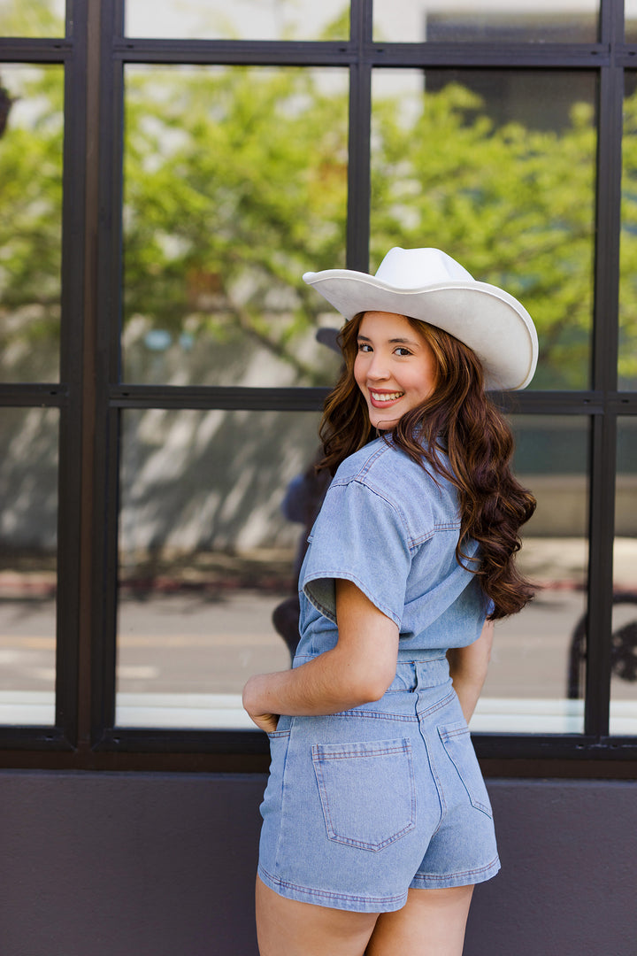 The Hey Miss Molly Denim Romper