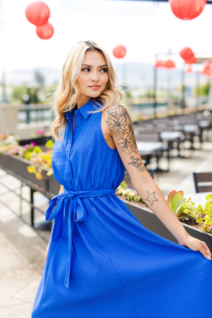 The Don't Think Twice Royal Blue Sleeveless Midi Dres