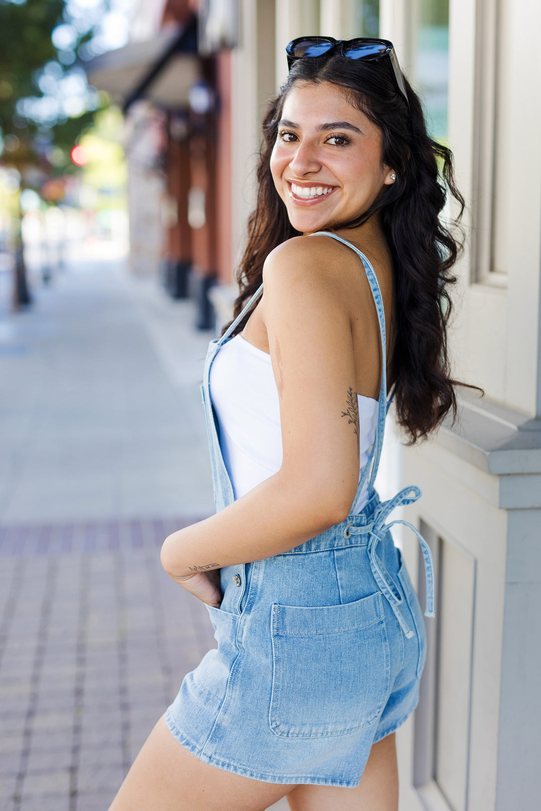 The Bluebonnet Light Denim Overall Shorts