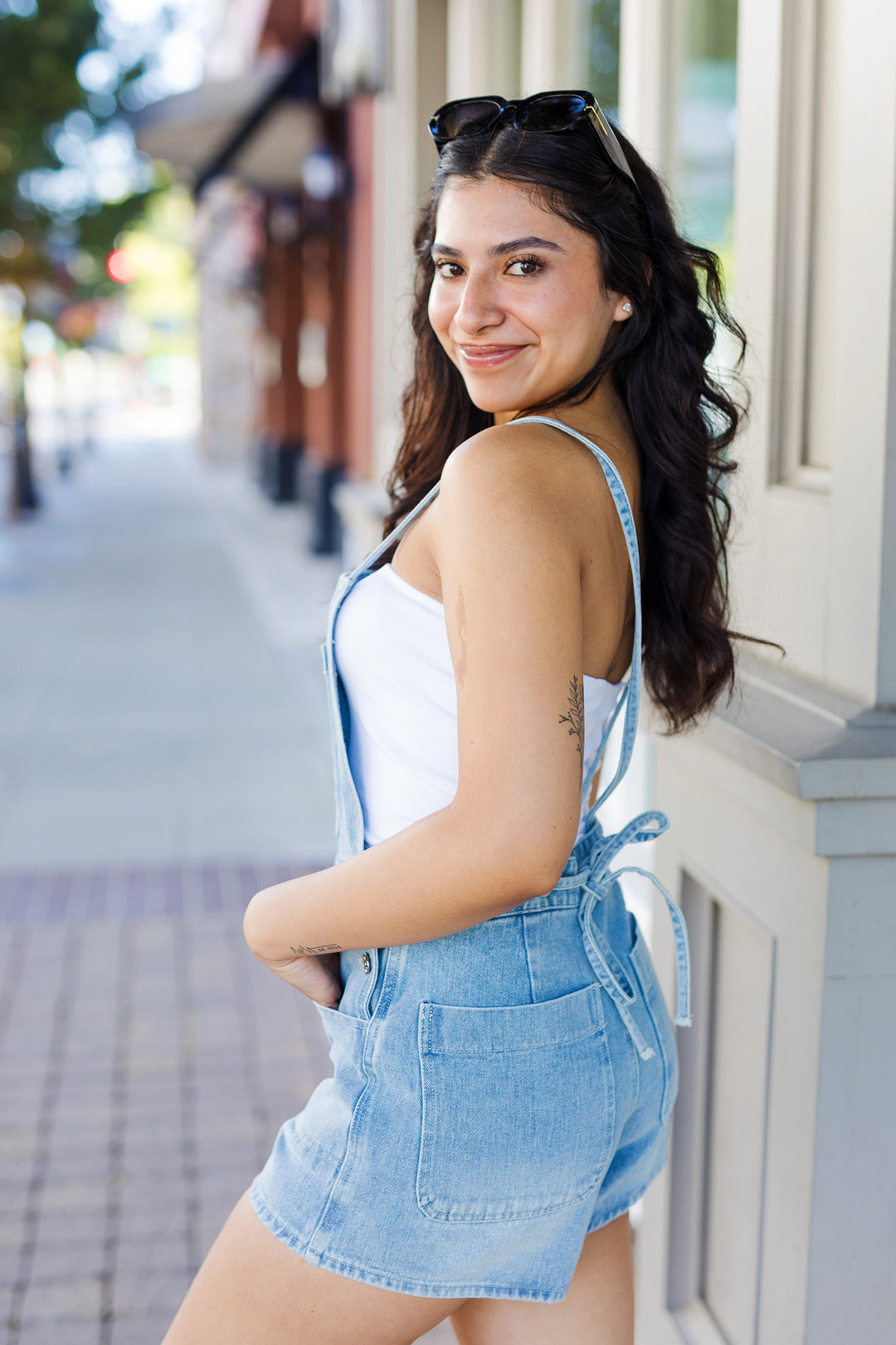 The Bluebonnet Light Denim Overall Shorts