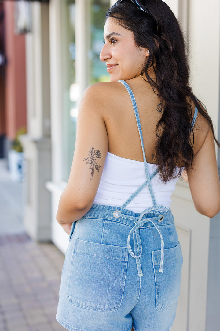 The Bluebonnet Light Denim Overall Shorts