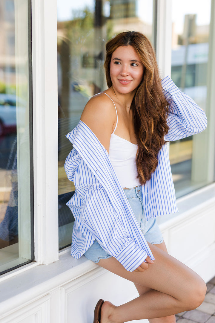 The Seas The Day White and Blue Stripe Button Up Shirt