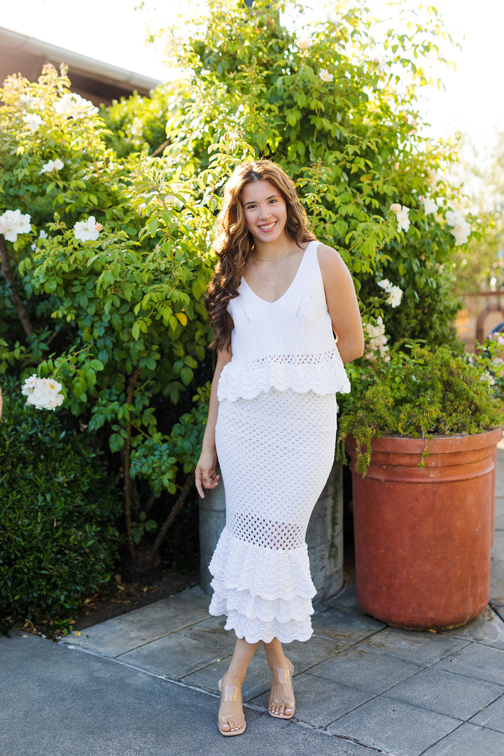 The Fanta-Sea Off-White Crochet Tiered Midi Skirt