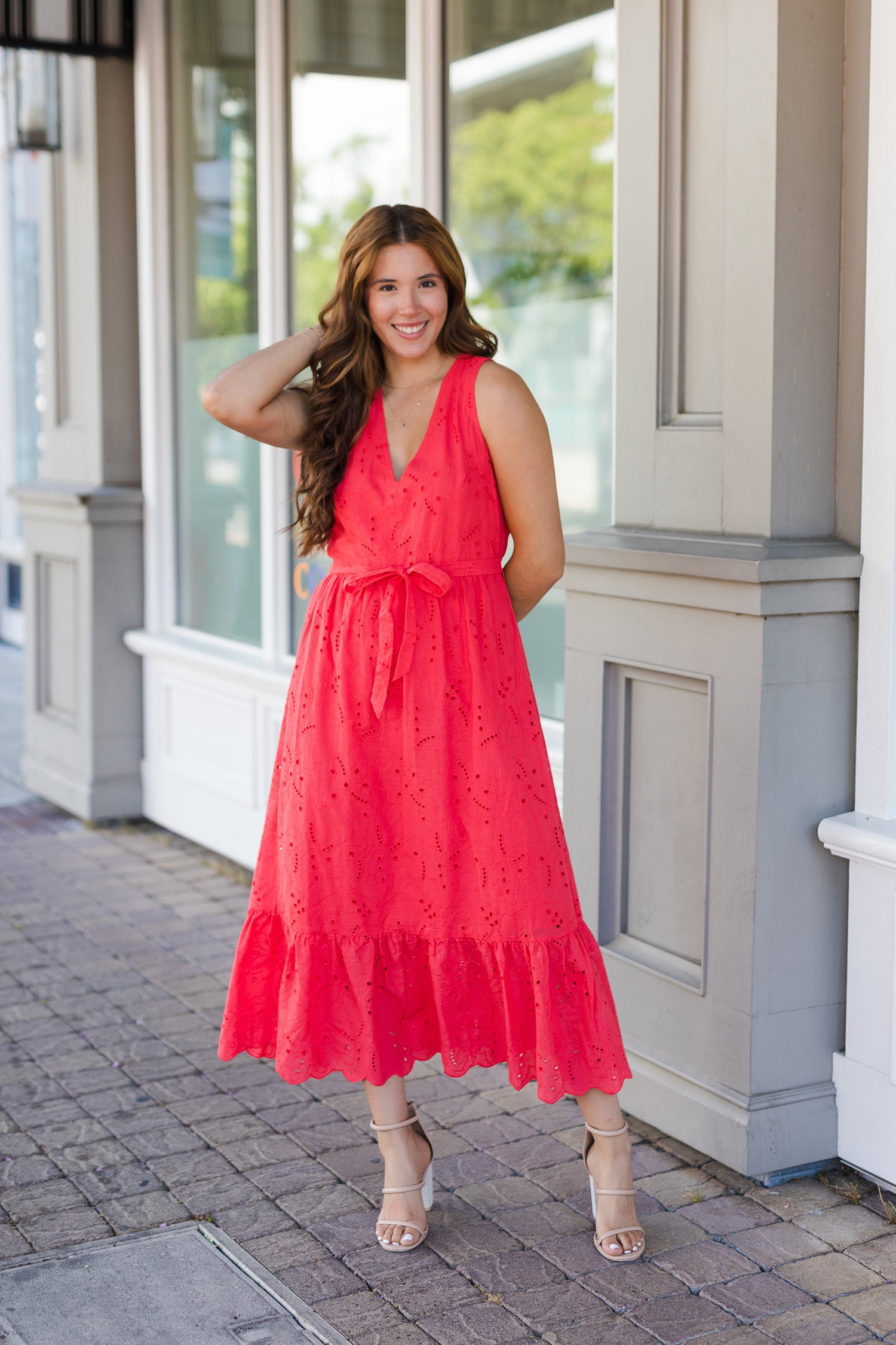 The Hit Hot Coral Eyelet Midi Dress Shoppe Twelve