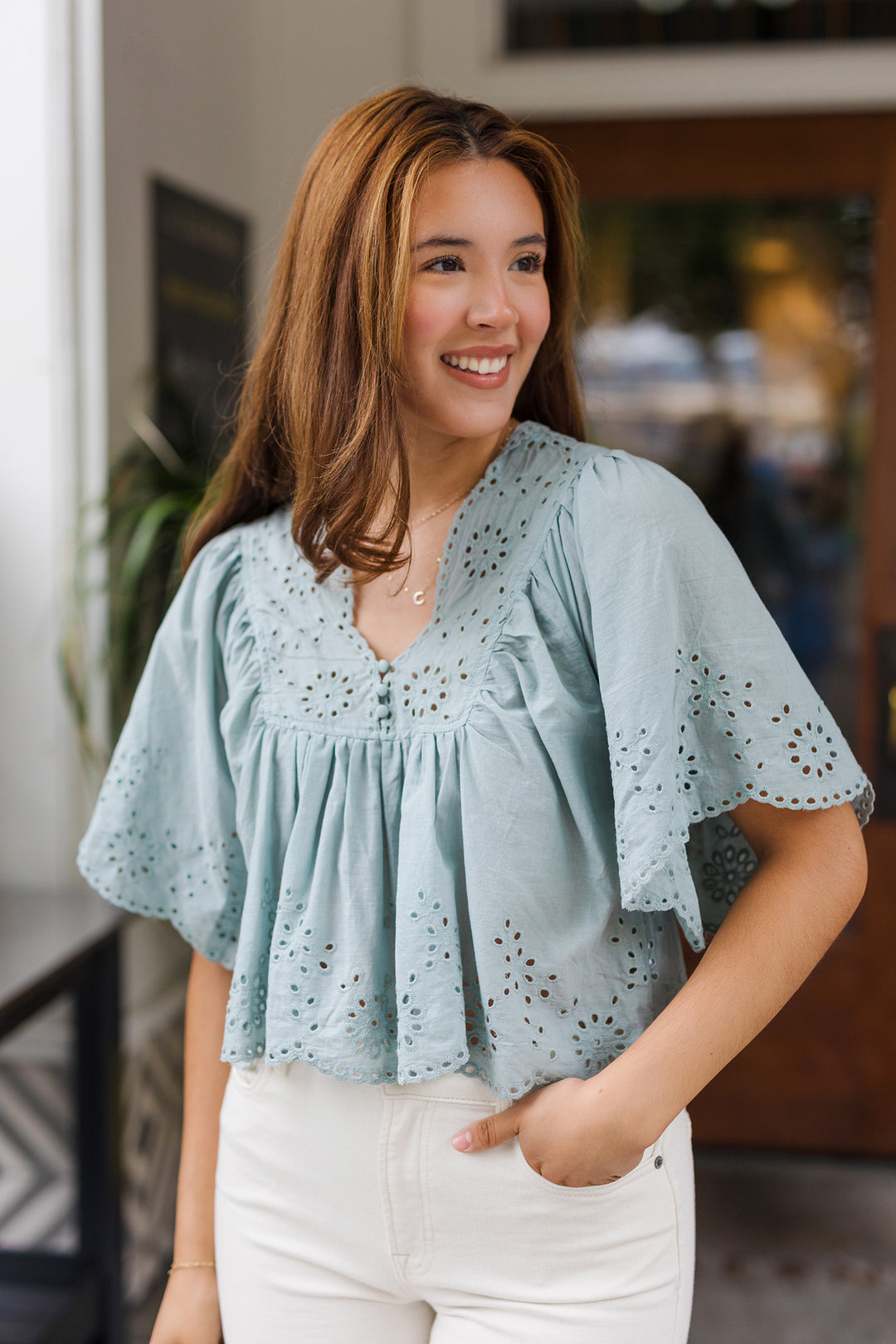 The Sea-ing Is Believing Eyelet Detail Top