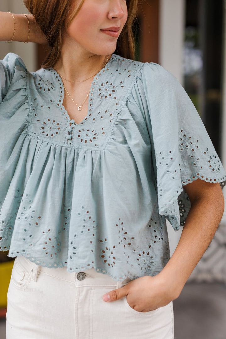 The Sea-ing Is Believing Eyelet Detail Top