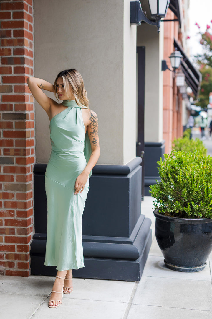 The Plus One Sage Satin Midi Dress