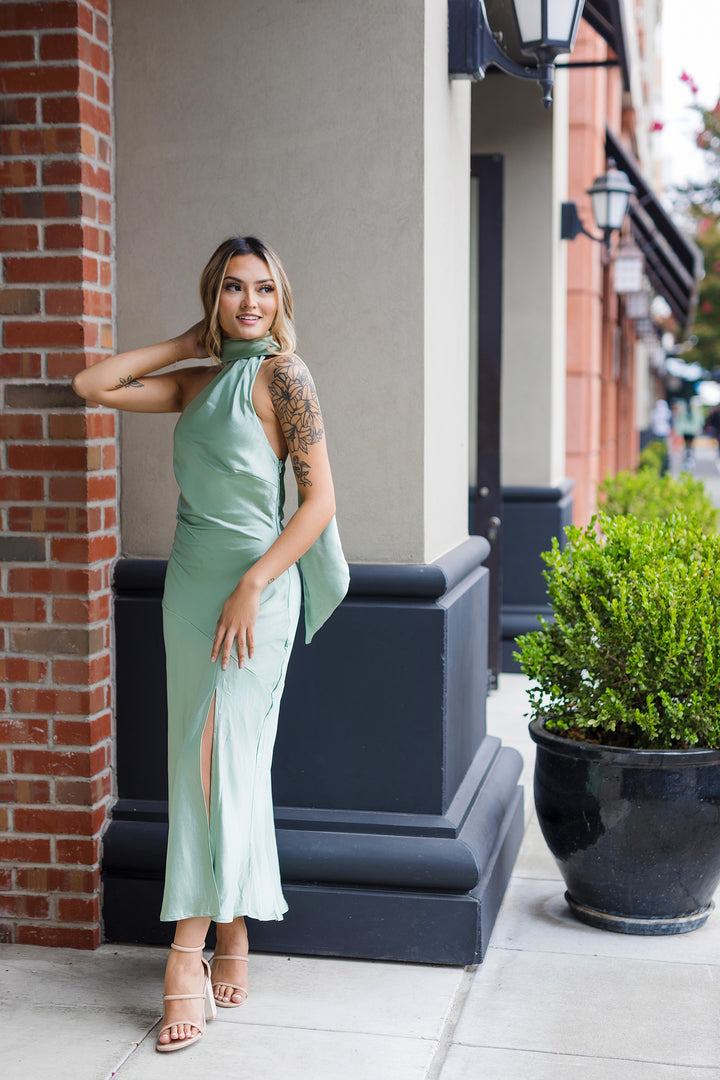 The Plus One Sage Satin Midi Dress