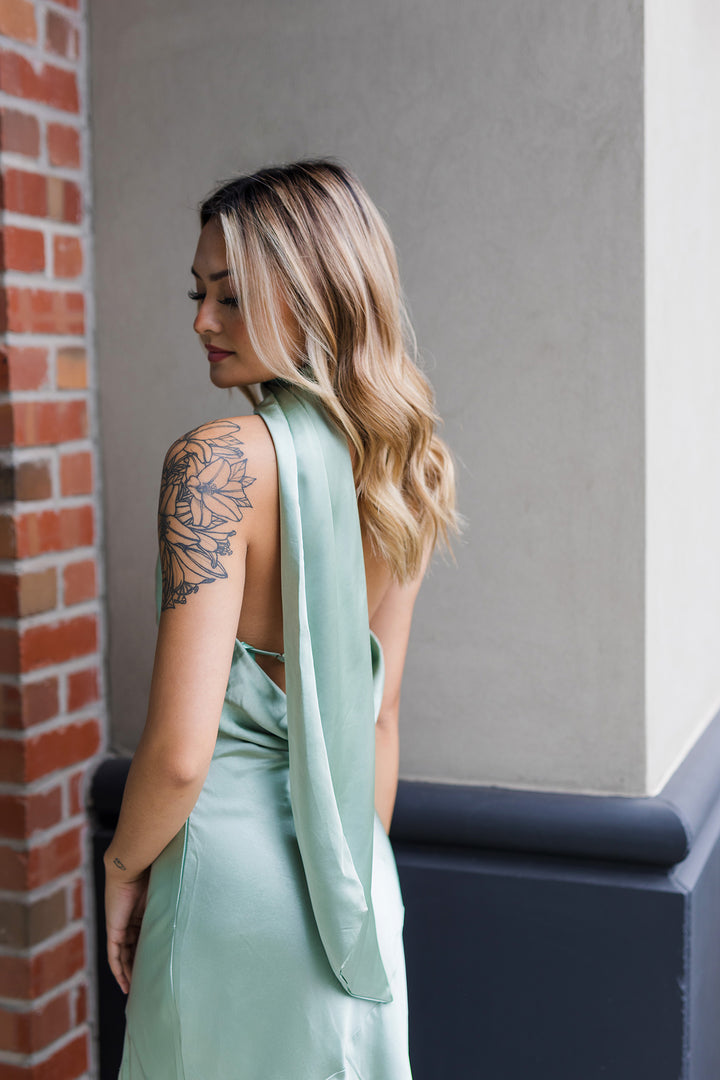 The Plus One Sage Satin Midi Dress