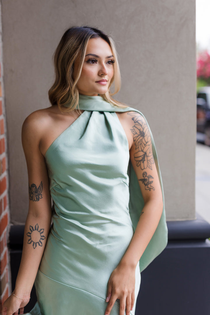 The Plus One Sage Satin Midi Dress