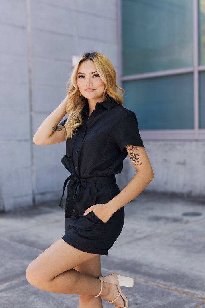 The Boardwalk Black Linen Romper