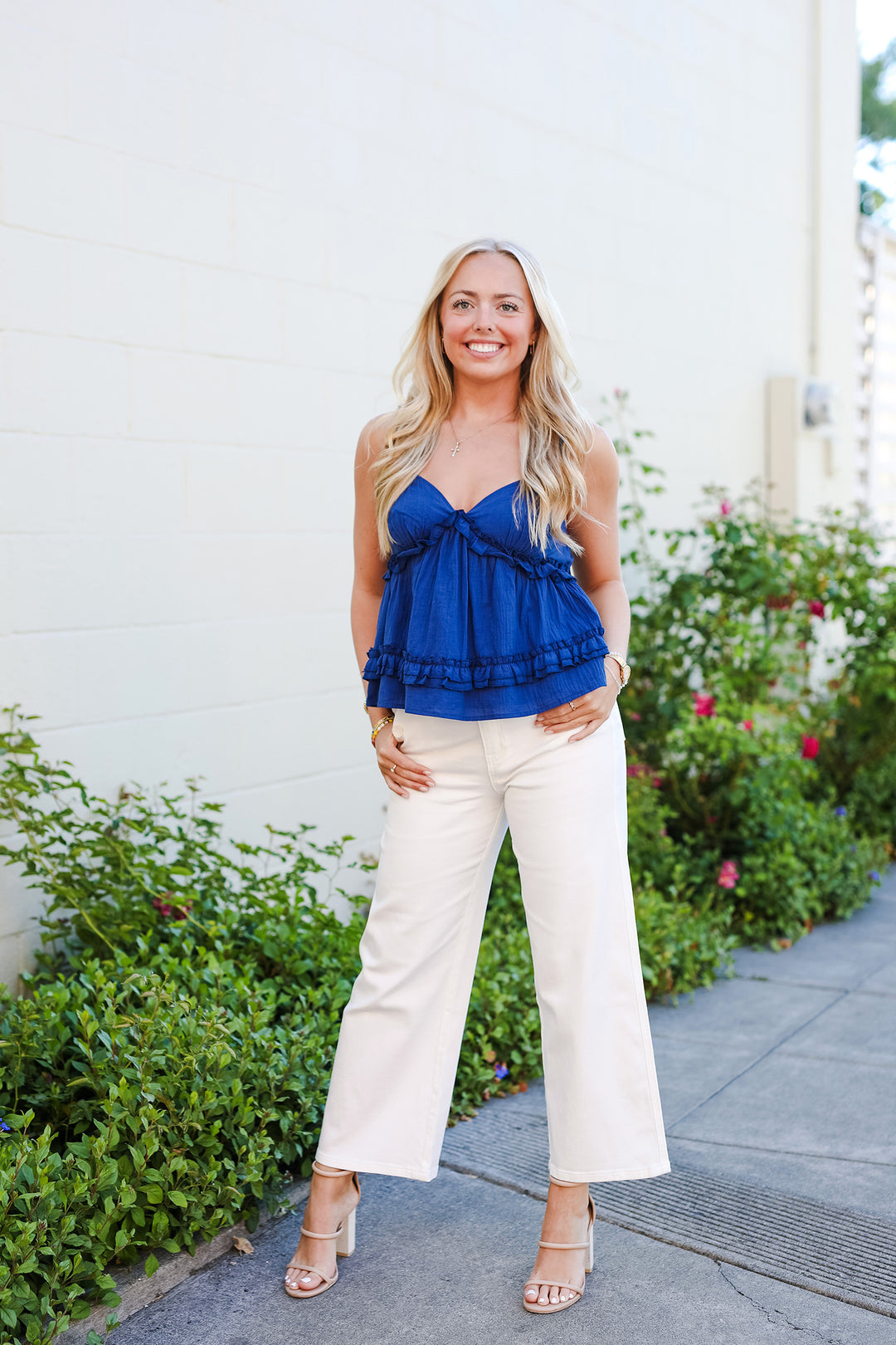 The Boston Blue Ruffled Tank Top