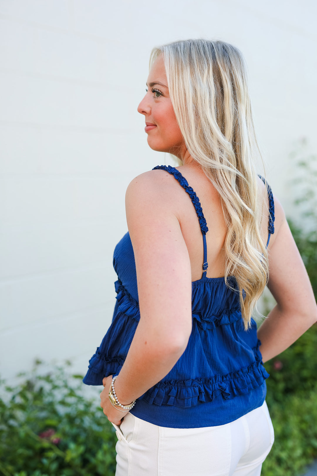 The Boston Blue Ruffled Tank Top