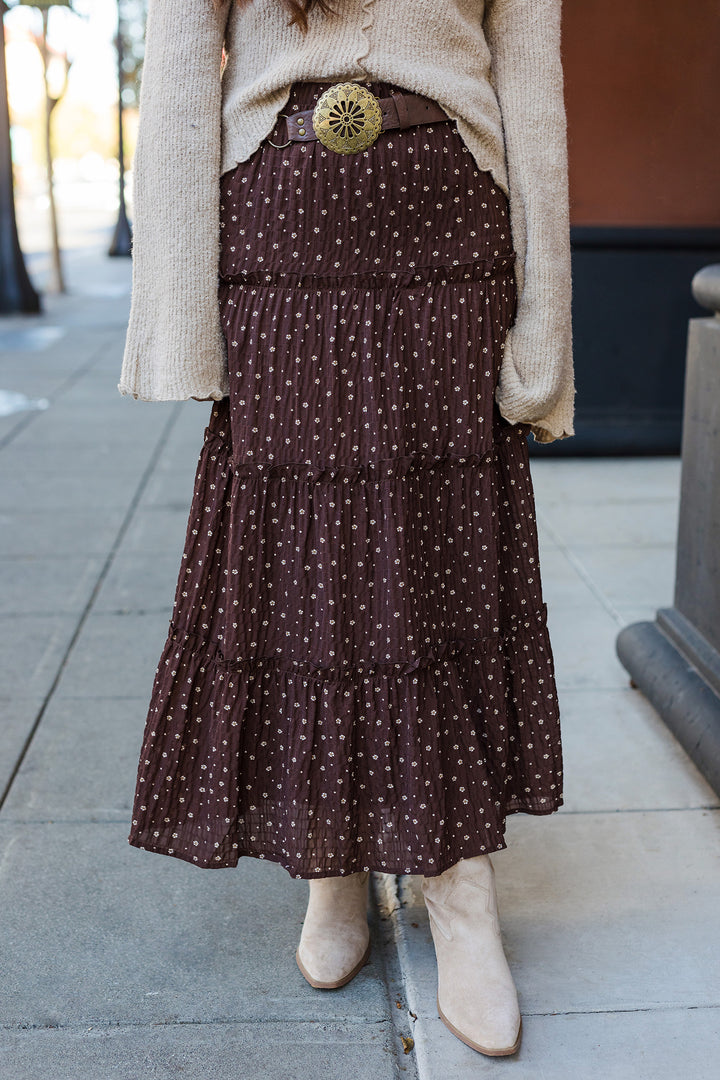 The Teary Eyed Brown Floral Tiered Maxi Skirt