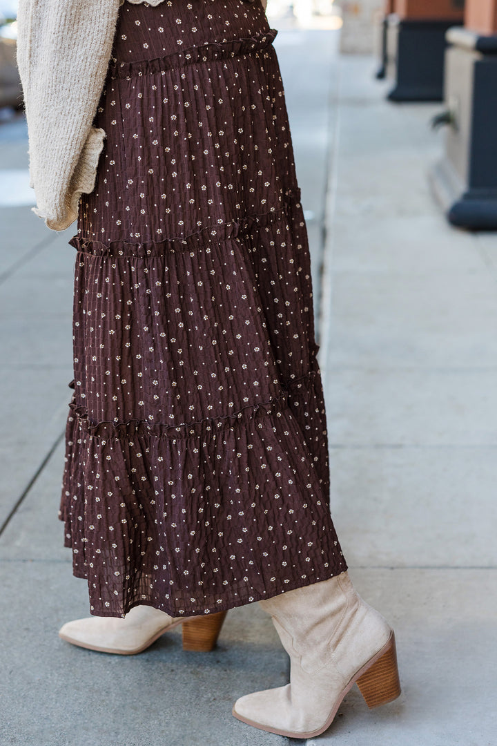 The Teary Eyed Brown Floral Tiered Maxi Skirt