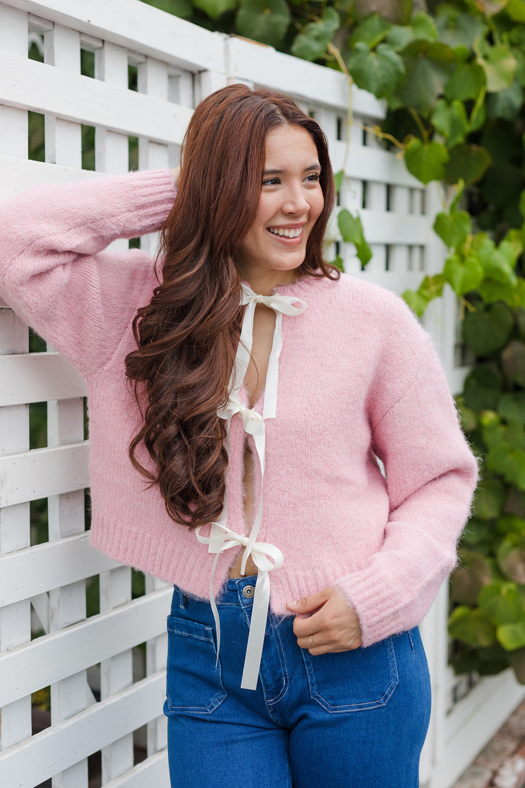 The Pretty In Pink Satin Bow Cardigan Sweater