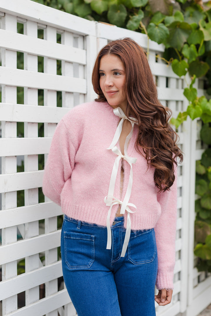 The Pretty In Pink Satin Bow Cardigan Sweater