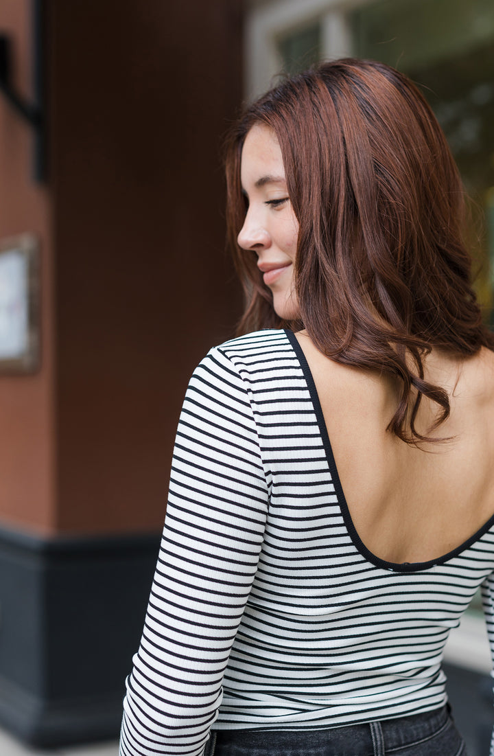 The Reading Between The Lines Black and White Striped Open Back Top